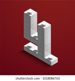 3d isometric white number Four from lego brick on red background. 3d number from lego bricks. Realistic number