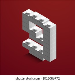 3d isometric white number Nine from lego brick on red background. 3d number from lego bricks. Realistic number