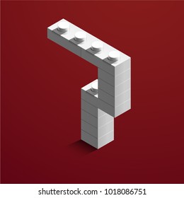 3d isometric white number Seven from lego brick on red background. 3d number from lego bricks. Realistic number