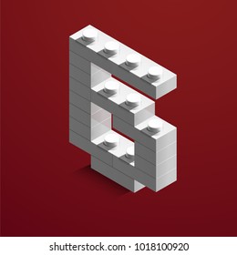 3d isometric white number Six from lego brick on red background. 3d number from lego bricks. Realistic number