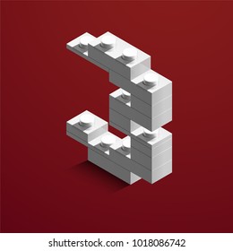 3d isometric white number Three from lego brick on red background. 3d number from lego bricks. Realistic number