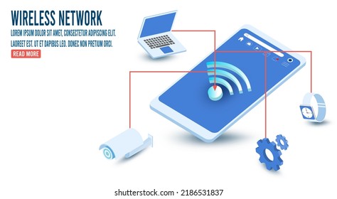 3D isometric wireless network concept with Internet of things, 5G network, smartphone router, Smart home. Vector illustration eps10