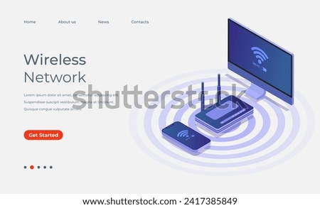 3D Isometric wireless network landing page or web banner