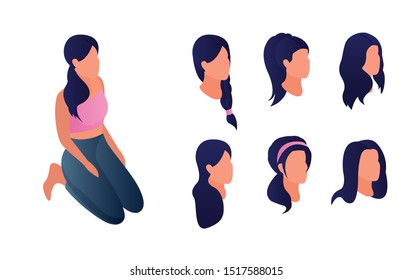 3D isometric woman sitting with set of fashionable hairstyles. Woman head in 3D for character animation. Stylish hairstyles, styling, hair color isolated on white background. Vector illustration