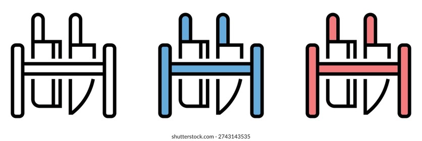 3D isometric wooden bench set in blue red gray colors outdoor seating minimal design furniture illustration