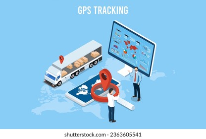 3D Isometric Worldwide GPS Tracking concepto con Camión, Mapa navegación GPS, Monitor con Mapa y Vidrio de Magnificación. Ilustración vectorial eps10