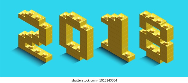 3d isometric yellow numbers from lego brick on blue background. 3d text about new year