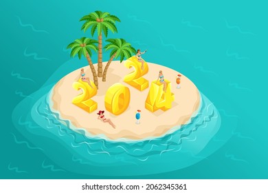 3D isometry calendar of 2024, an island in the sea with palm trees, beautiful girls decorate the numbers of 2024. High-quality illustration for advertising