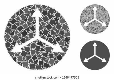 3d isometry directions composition of raggy pieces in different sizes and color hues, based on 3d isometry directions icon. Vector unequal pieces are composed into collage.