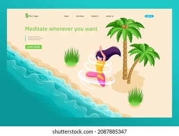 3D isometry, a girl meditates on the beach, meditate wherever you want, enjoy nature. High quality illustration for advertising. Landing Page Concept.