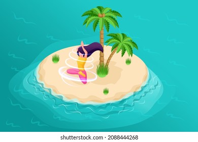 3D isometry, a girl meditates on the beach, meditate wherever you want, enjoy nature. High quality illustration for advertising.