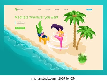 3D isometry, girl meditating on the beach, meditate wherever you want, laptop with music for meditation. High-quality illustration for advertising. Landing Page Concept.