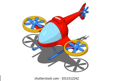 3D isometry helicopter propellers red yellow coloring toy cartoon style aviation technique various kinds white background isolate 
