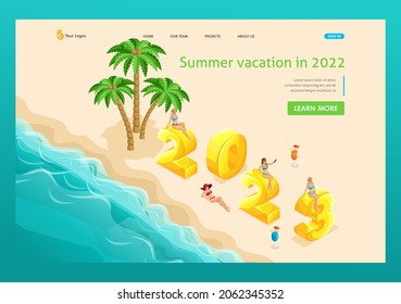 3D isometry, an island in the sea with palm trees, beautiful girls decorate the numbers of 2023. High quality illustration for advertising. Landing Page Concept