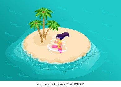 3D isometry, an island in the sea with palm trees, a beautiful girl alone in nature, doing morning meditation. High-quality illustration for advertising.