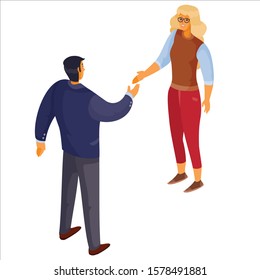 3d isometry, a man in a blue sweater shakes hands with a woman with blond hair, isolated object on a white background, vector illustration