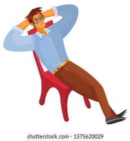 3d isometry, a man sits on a chair and throws his hands behind his head, dream, idea, work, rest, isolated object on a white background, vector illustration