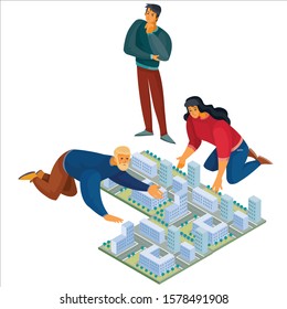 3d isometry, man and woman leaned over the layout of the city, the man stands and thoughtfully look at the map, isolated object on a white background, vector illustration