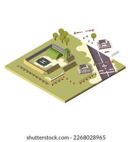 3D-Isoometrie. Militärkontrollpunkt auf der Straße. Militärbasis. Alle Gebäude bestehen aus getrennten Schichten und können verschoben werden