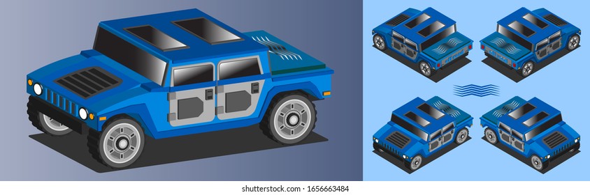 3D-Isoometrie-Transport-Zweiachs-Geländefahrzeug in mehreren Projektionen