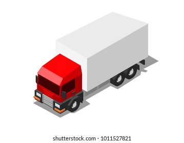 3d isometry truck view from above red cabin awning cartoon style game white background isolate transport delivery technique