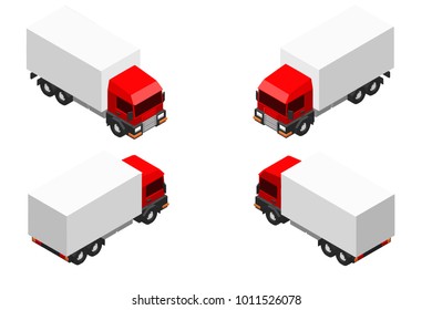 3d isometry trucks four kinds of red cabins gray awning cartoon style game white background isolate