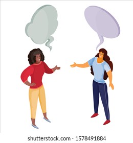 3d isometry, two women talk to each other above their heads a cloud, dispute, isolated object on a white background, vector illustration