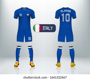 3D Italy Badge And Realistic Of Front And Back View Of Soccer Jersey Shirt On Shop Backdrop. Concept For Soccer Team Uniform Or Football Apparel Mock Up.Wales Soccer Kit T-shirt Template In Vector.