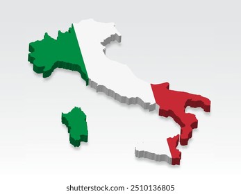 Mapa de Italia en 3D con bandera. Mapa tridimensional de Italia con sombra. Bandera de Italia en el fondo blanco para su diseño, App, UI. Vector de stock. EPS10. 