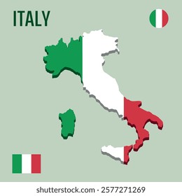 3D Italy map with flag, Three dimensional map of Italy with shadow