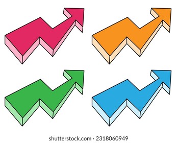 3D jagged back arrow 4 color set with outline
