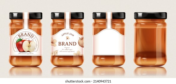 3d jam glass jar package design, isolated on beige background. Two with label design and two without.