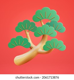 3d Japanese bonsai pine branch with leaf. Nature element isolated on red background, suitable for Chinese new year decoration