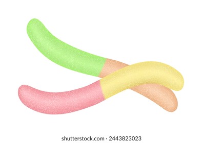 3D jelly candy, colorful long soft chewy worms to taste and enjoy vector illustration