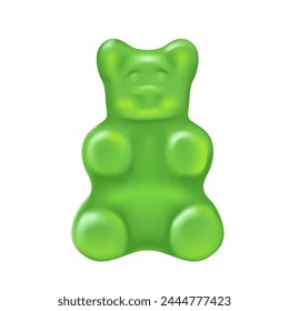 3D jelly candy green bear character, tasty sweet fruit marmalade vector illustration