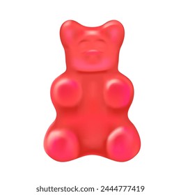 3D jelly candy red bright bear character, sweet and sour glossy dessert vector illustration