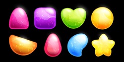 3D Jelly Marmalade, Vector Game Candy Icon Set, Gelatine Cartoon Sweets Kit, Glossy Heart, Star. Gummy Dessert, UI Colorful Mobile Casino App Elements Different Shapes. Shiny Jelly Sweets Clipart