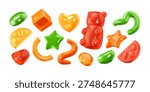 3d jelly shapes, abstract marmalade elements. Glossy isolated sweets, multicolored gummy desserts. Soft chubby candies. Vector illustration. Chewy inflated snacks set.