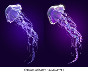 3d jellyfish or sea jelly element set, one with blue dreamy light and the other with violet neon light.