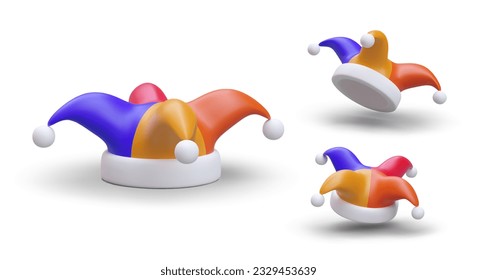 3d jester cap set. Isolated templates with hat in blue, orange and red colors. Poster with white background for toy store concept. Vector clothing mock up in cartoon style