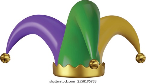 3d jester hat. isolated party hat with mardi gras colors. mardi gras cap