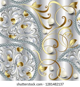 3d Diamantes ornamentados de joyas, vectores sin fisuras. Flores, líneas, hojas de paisley, oro vintage. Piedras gemelas de las perlas de joyería. Fondo de joyería ornamental de plata. Papel tapiz, tela, tarjetas de boda