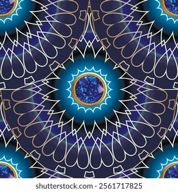 3d Jewelry beautiful luxury glowing floral mandalas seamless pattern with blue gold gemstones, lines, flowers. Vector ornamental tiled round mandalas modern ornate background. Endless texture