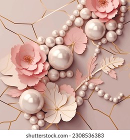 3d jewelry beautiful pattern background illustration with 3d pearls, necklace, paper cut surface flowers leaves in pink pastel colors. Gold lines mosaic style background. Ornate luxury design.