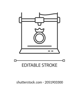 3d jewelry printing linear icon. Jewelry production. Accessory revolution. Modern technology. Thin line customizable illustration. Contour symbol. Vector isolated outline drawing. Editable stroke