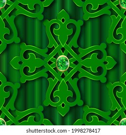 3d jewelry seamless pattern. Textured drapery green background. Luxury repeat vector backdrop. Baroque Damask style ornament. Vintage surface design with flowers, shadows, emerald gemstones, stripes.