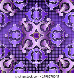 3.ª joyería sin fisuras en colores violeta. Fondo texturizado de medio tono digital. Lujoso escenario vectorial. Ornamentos de estilo barroco. Diseño de superficie con flores vintage, sombras, cuadrados, piedras preciosas.