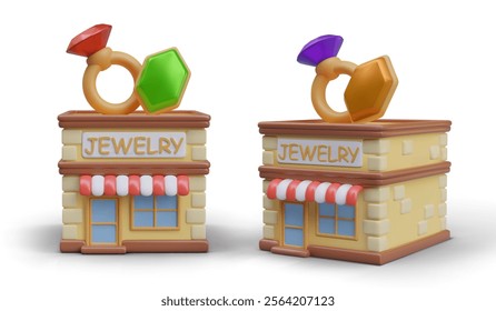 3D jewelry store in cartoon style, outside view. Set of buildings of different colors