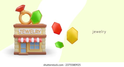 3D Schmuckgeschäft mit Zierring auf Dach, Kristalle in verschiedenen Farben. Horizontale Werbevorlage mit Platz für Text. Kommerzielles Konzept für soziale Netze