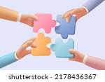 3D jigsaw puzzle pieces symbol of teamwork. Problem-solving, business challenge in 3d hand of connection jigsaw puzzle, partnership success.  3d teamwork puzzle success icon vector render illustration